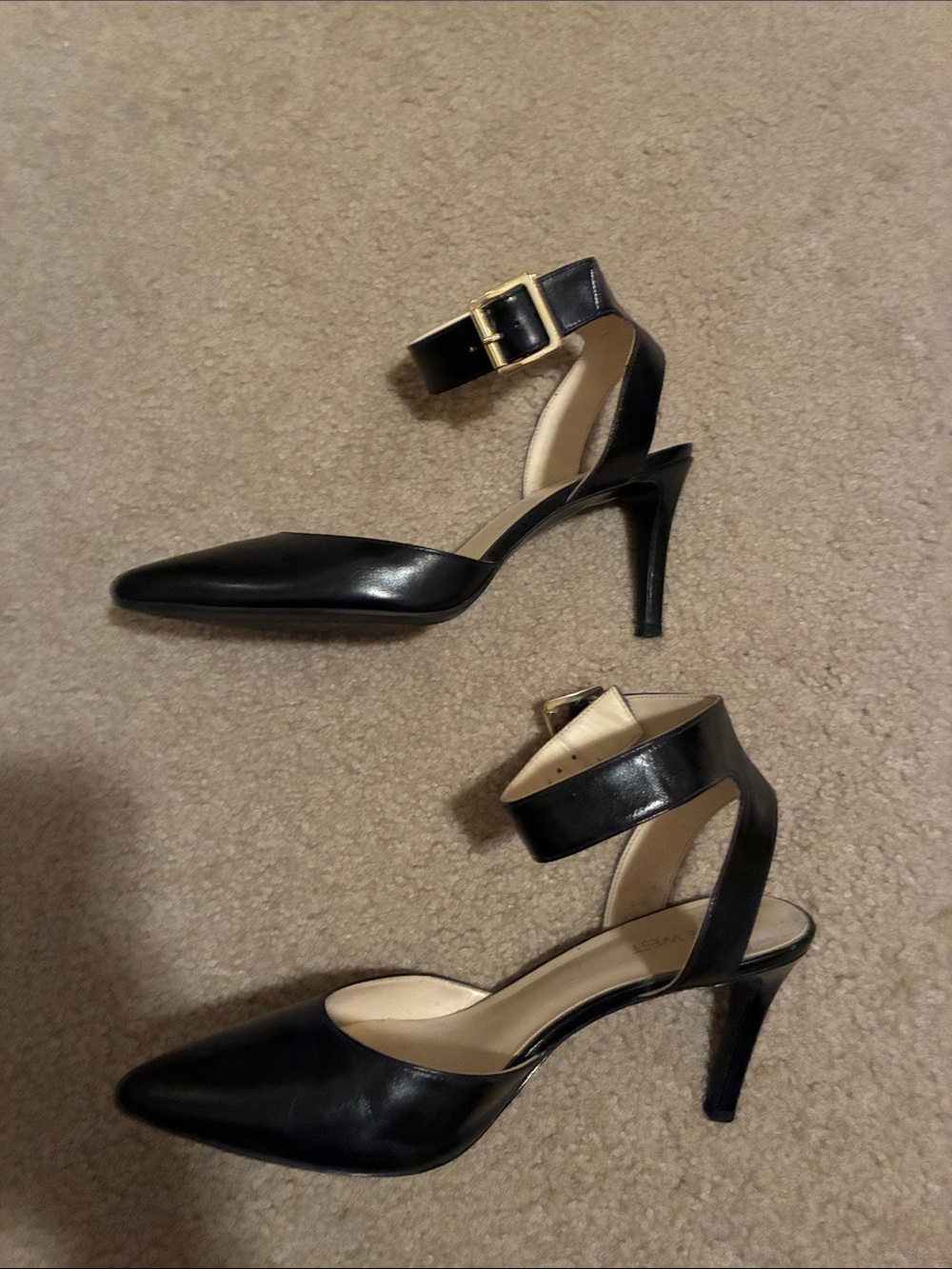 Nine West Black Pointed-Toe Ankle-Strap Heels with Gold Buckle Accent